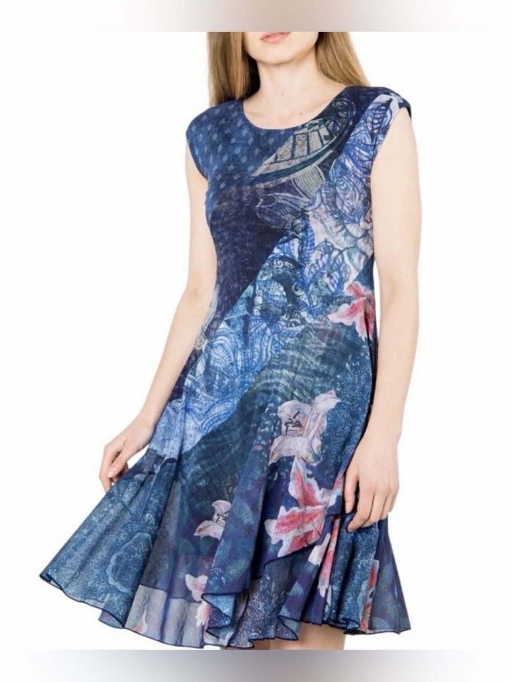 Desigual Scarf Print Dress Small Blue Artsy Eclectic Maximalist Mesh Ruffle